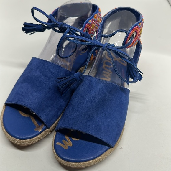Sam Edelman Shae Sandals Suede Tasseled Ankle Wrap Beaded Flat Shoes Blue Size 8 - Picture 4 of 10